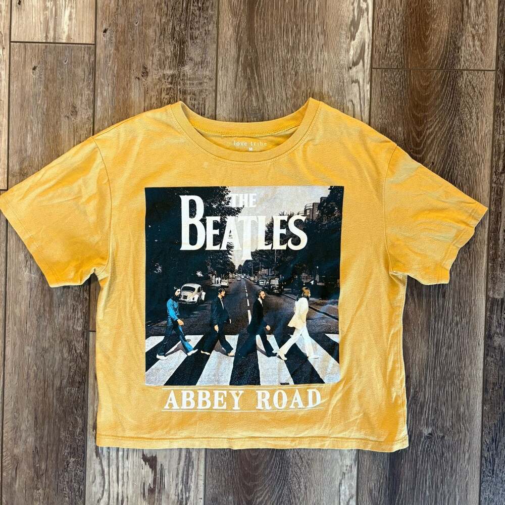 The Beatles Abbey Road Cropped Graphic T-Shirt Yellow M Love Tribe